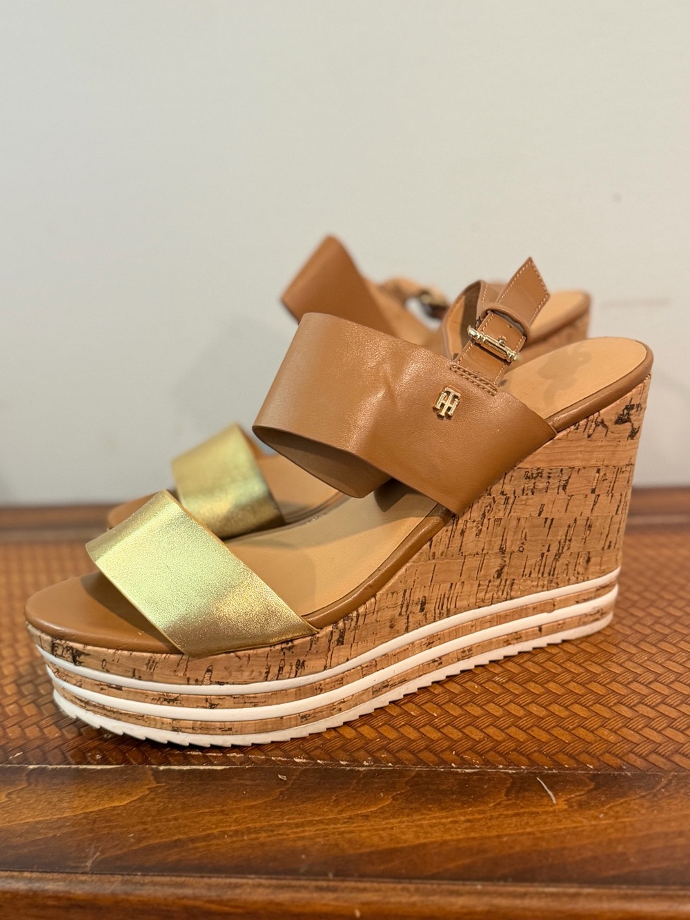 Tommy Hilfiger Brown and Gold Cork Wedge Sandals